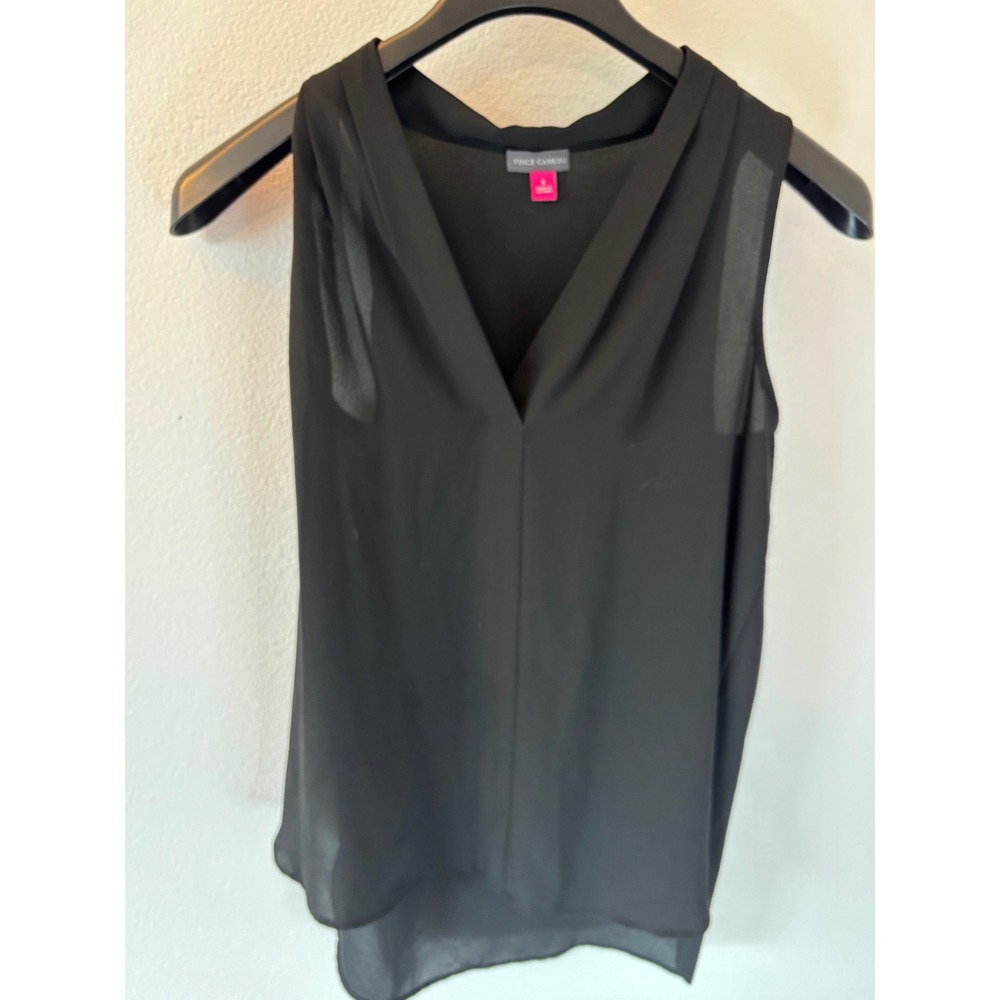 Vince Camuto Black Sleeveless V-Neck Pleated High Low Chiffon Blouse Small